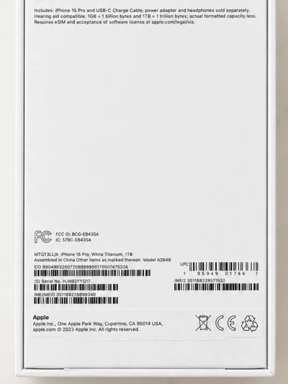 Apple iPhone 15 Pro Original Empty Box 1TB White Titanium w/ Manuals, Stickers